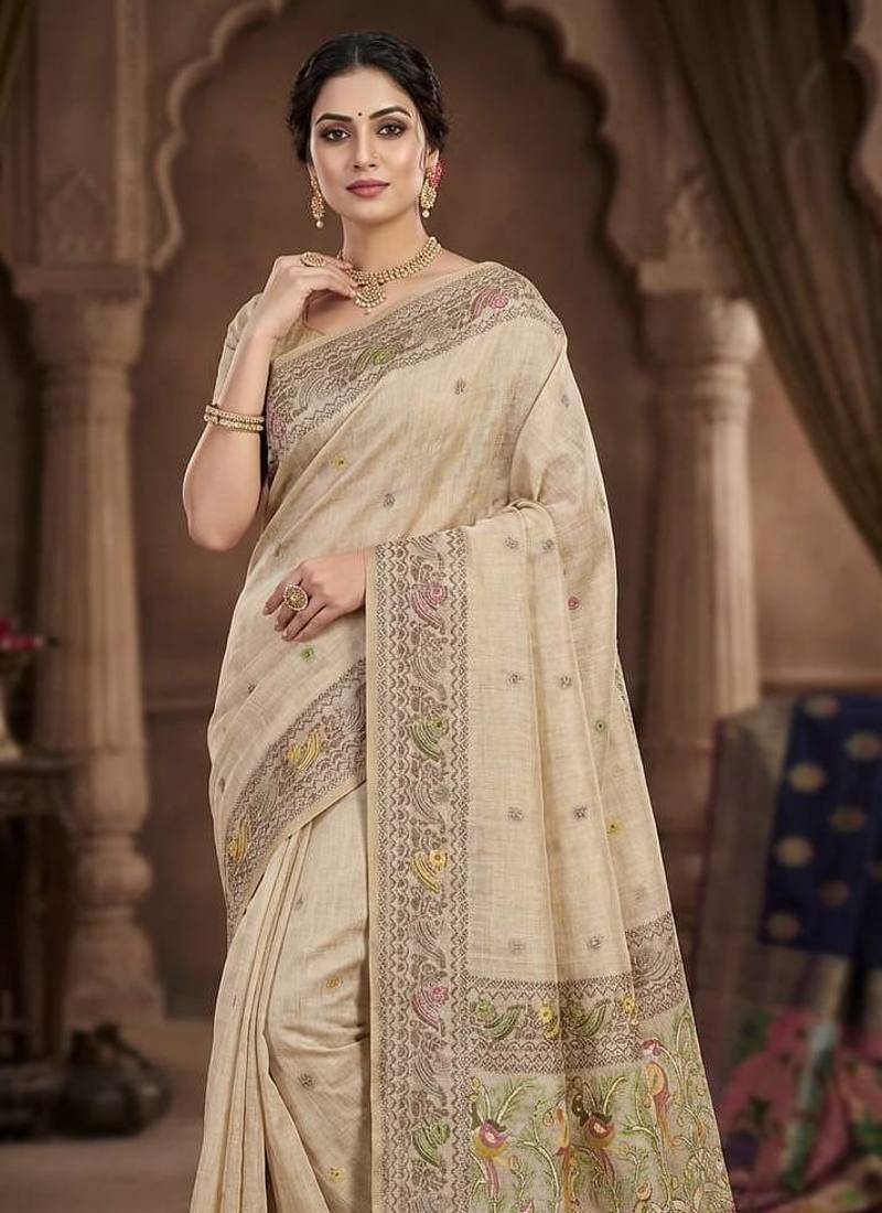 Cream Color woven border Jamdani Saree 