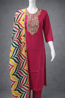Label divine attire women’s deep pink rayon kurta pant set with heavy multicolour thread work dupatta 5