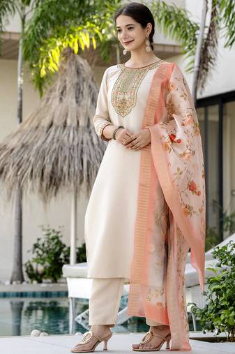 Label divine attire off white rayon kurta pant set with heavy multicolor thread work and organza dupatta