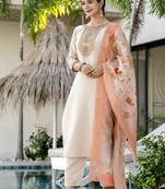 Label divine attire off white rayon kurta pant set with heavy multicolor thread work and organza dupatta