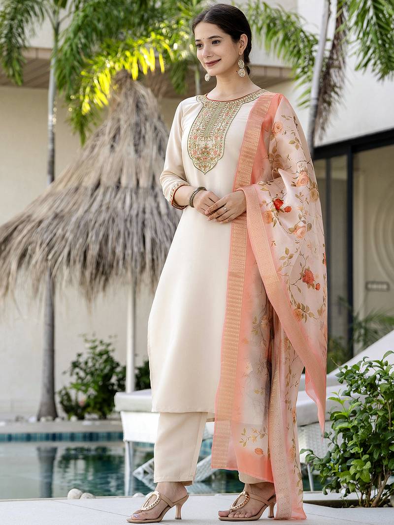 Label divine attire off white rayon kurta pant set with heavy multicolor thread work and organza dupatta