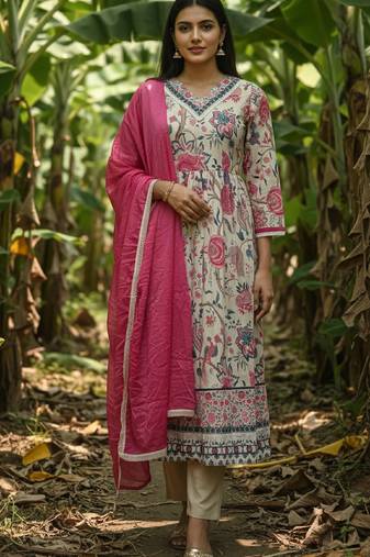 Label divine attire off white rayon lace work kurta pant dupatta set