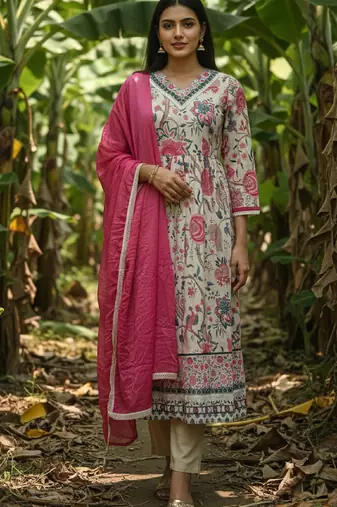 Label divine attire off white rayon lace work kurta pant dupatta set