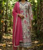 Label divine attire off white rayon lace work kurta pant dupatta set