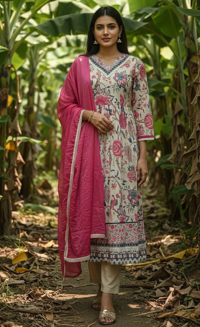 Label divine attire off white rayon lace work kurta pant dupatta set