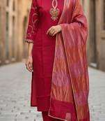 Label divine attire women’s red pv chanderi kurta pant set with jacquard silk dupatta