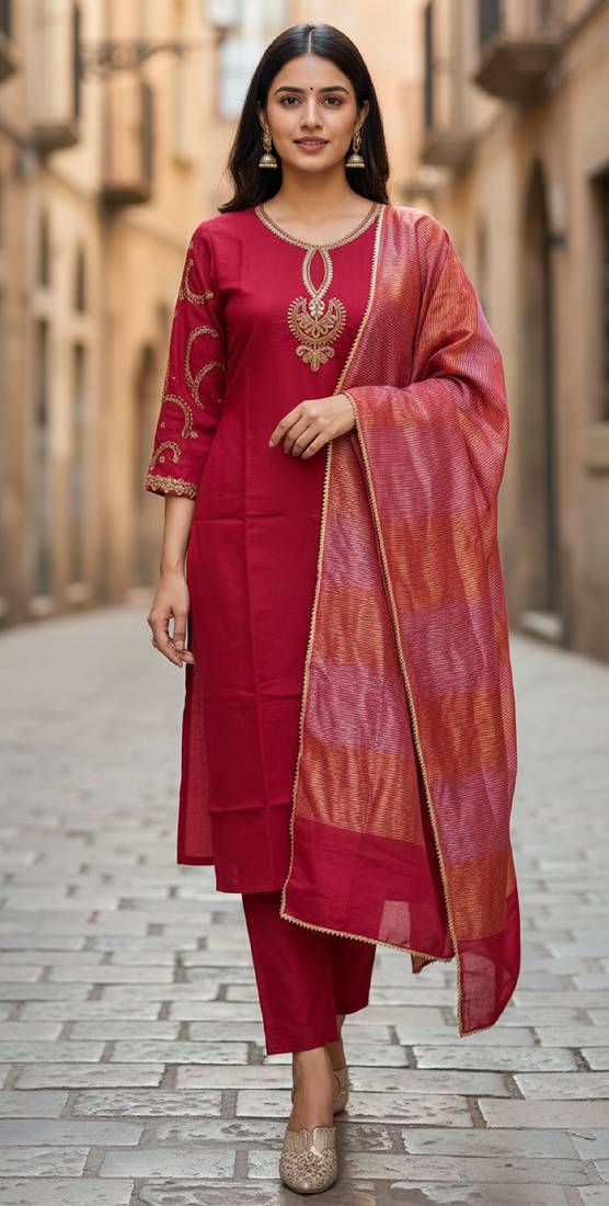 Label divine attire women’s red pv chanderi kurta pant set with jacquard silk dupatta