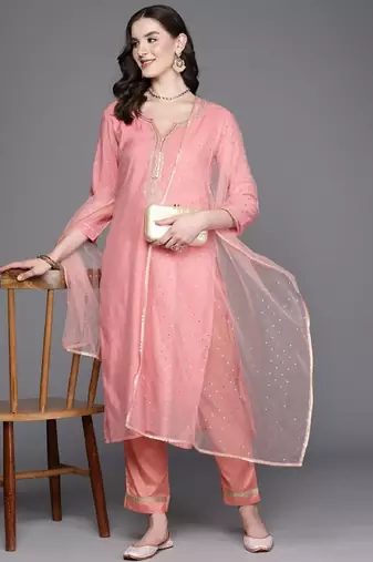 Label divine attire women peach chanderi silk embroidered kurta pant set with shimmer net dupatta
