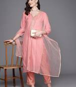 Label divine attire women peach chanderi silk embroidered kurta pant set with shimmer net dupatta