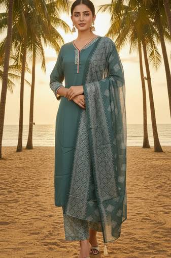 Label divine attire women grey rayon kurta pant dupatta set with lace work