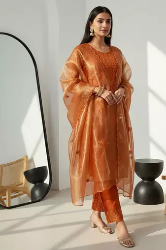Label divine attire women orange lucknowi chikankari kurta pant dupatta set