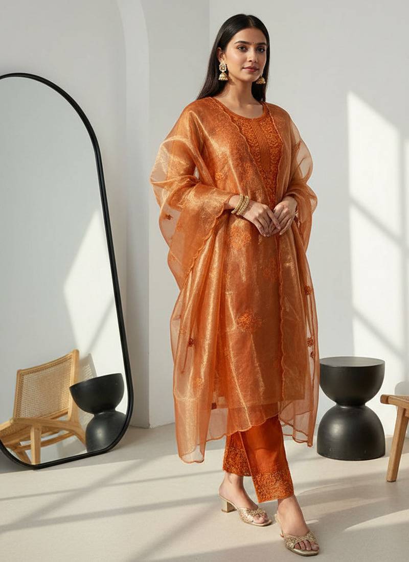 Label divine attire women orange lucknowi chikankari kurta pant dupatta set