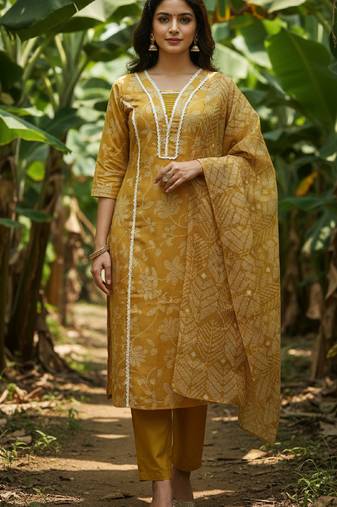 Label divine attire women yellow rayon kurta pant set with taby dupatta