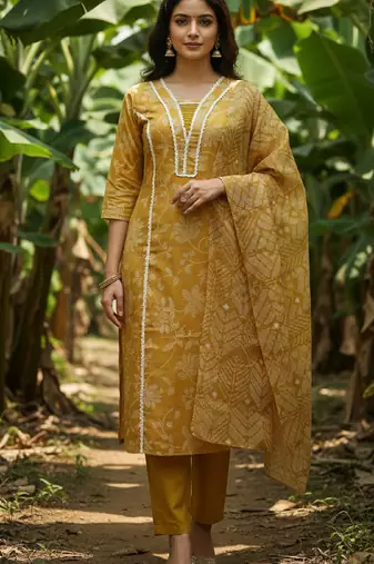 Label divine attire women yellow rayon kurta pant set with taby dupatta