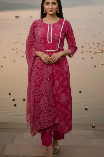 Label divine attire women’s rani rayon kurta pant set with lace work and dupatta