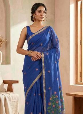 Blue Color Zari  Weaving Silk Saree 1