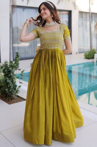 Astonishing Olive Green Zari Work Silk Mehendi Wear Gown