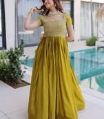 Astonishing Olive Green Zari Work Silk Mehendi Wear Gown