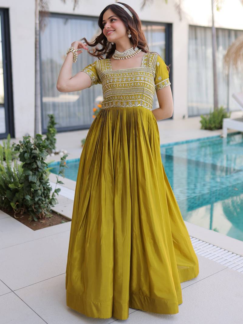 Astonishing Olive Green Zari Work Silk Mehendi Wear Gown