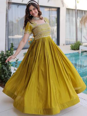 Astonishing Olive Green Zari Work Silk Mehendi Wear Gown 3