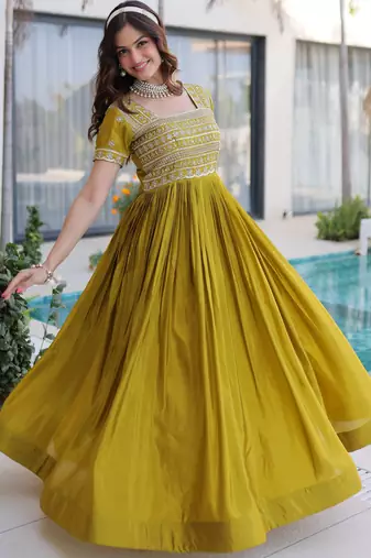 Astonishing Olive Green Zari Work Silk Mehendi Wear Gown