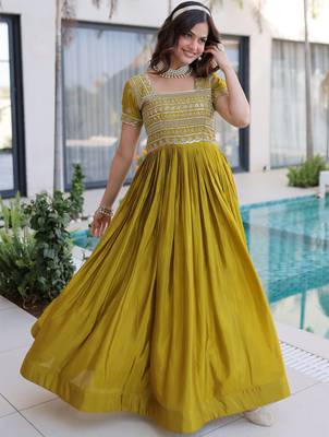 Astonishing Olive Green Zari Work Silk Mehendi Wear Gown 4