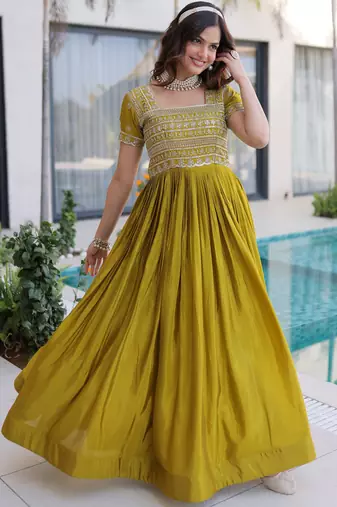 Astonishing Olive Green Zari Work Silk Mehendi Wear Gown