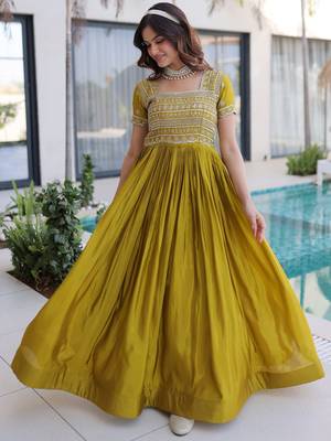 Astonishing Olive Green Zari Work Silk Mehendi Wear Gown 5