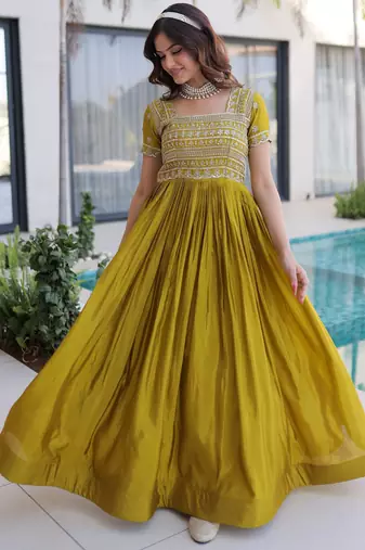 Astonishing Olive Green Zari Work Silk Mehendi Wear Gown