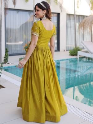 Astonishing Olive Green Zari Work Silk Mehendi Wear Gown 6