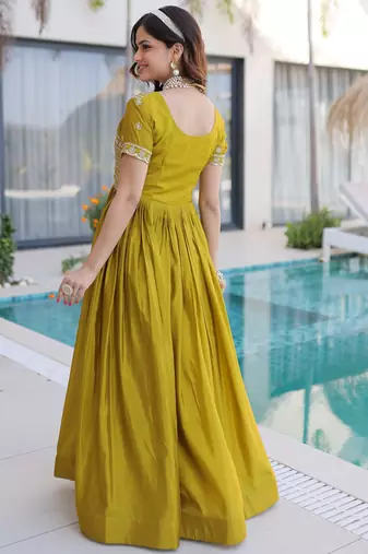 Astonishing Olive Green Zari Work Silk Mehendi Wear Gown