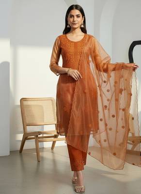 Label divine attire women orange lucknowi chikankari kurta pant dupatta set 3