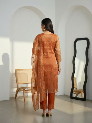 Label divine attire women orange lucknowi chikankari kurta pant dupatta set 4
