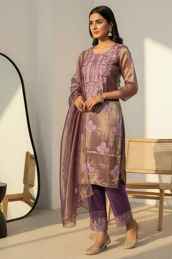 Label divine attire women’s purple tissue silk chikankari kurta pant set with twill net dupatta
