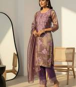 Label divine attire women’s purple tissue silk chikankari kurta pant set with twill net dupatta