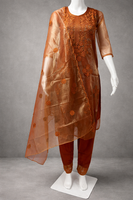 Label divine attire women orange lucknowi chikankari kurta pant dupatta set 5