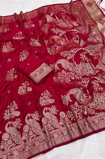Red Color Jaqurad Weveing Work Satin Silk Saree