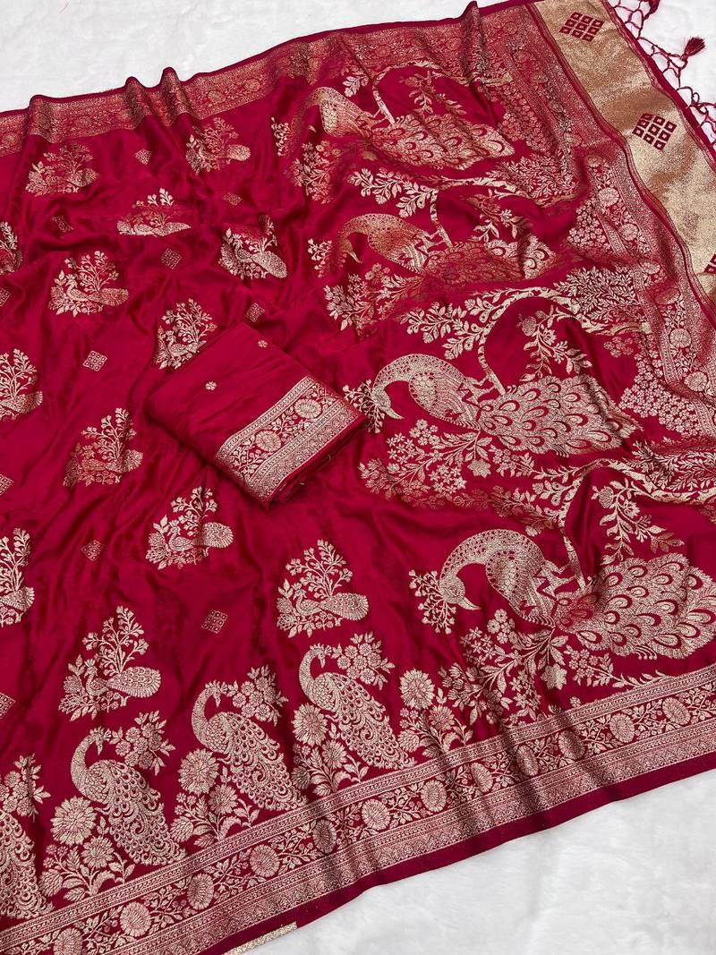 Red Color Jaqurad Weveing Work Satin Silk Saree