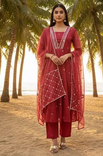 Label divine attire maroon organza lace work kurta pant set with dupatta