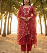 Label divine attire maroon organza lace work kurta pant set with dupatta