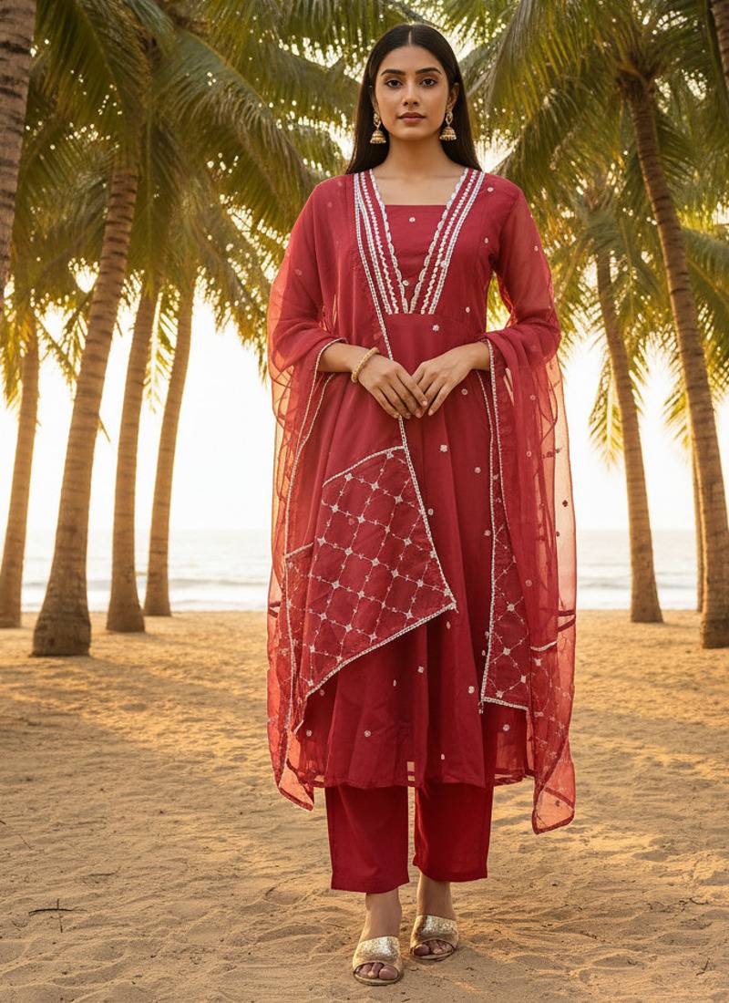 Label divine attire maroon organza lace work kurta pant set with dupatta