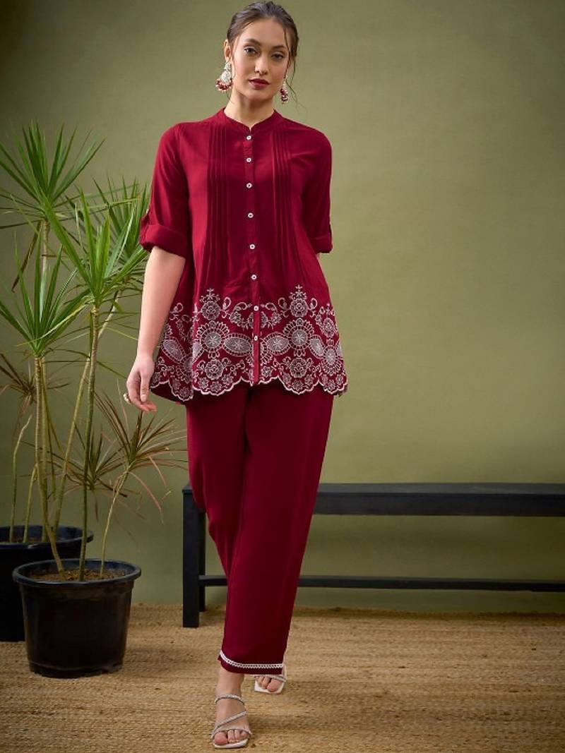 Label divine attire women’s red viscose rayon thread work kurta pant set with collar neck