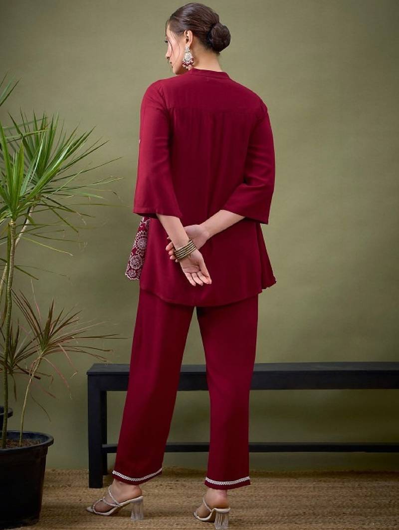 Label divine attire women’s red viscose rayon thread work kurta pant set with collar neck