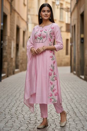 Label divine attire women pink pure cotton embroidered kurta pant dupatta set