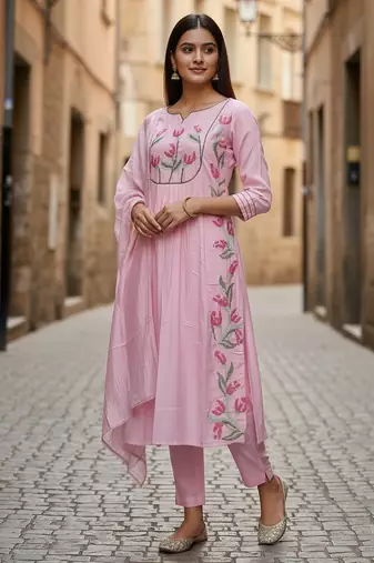 Label divine attire women pink pure cotton embroidered kurta pant dupatta set