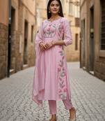 Label divine attire women pink pure cotton embroidered kurta pant dupatta set