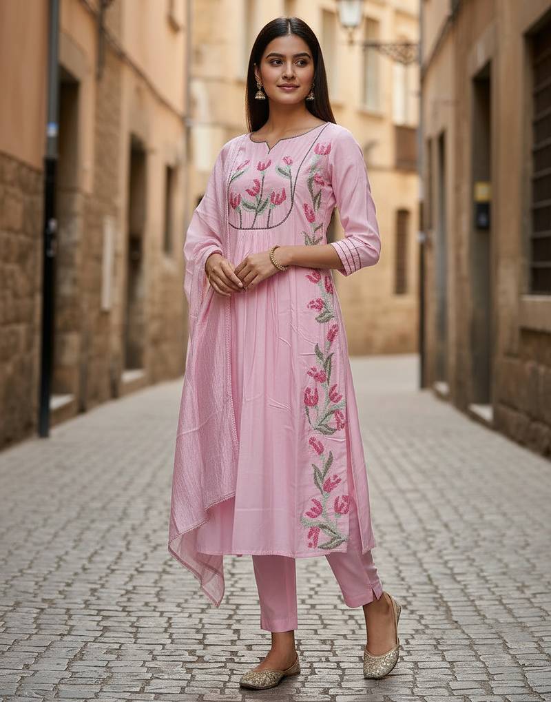 Label divine attire women pink pure cotton embroidered kurta pant dupatta set