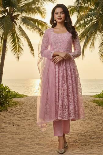 Label divine attire women dusty rose pink lucknowi chikankari net kurta pant set with dupatta