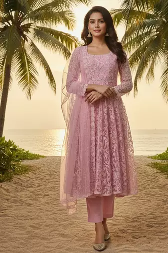 Label divine attire women dusty rose pink lucknowi chikankari net kurta pant set with dupatta