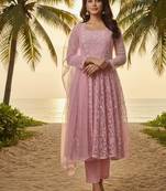 Label divine attire women dusty rose pink lucknowi chikankari net kurta pant set with dupatta